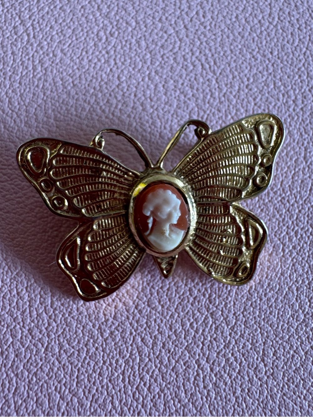 Gold Tone Butterfly Cameo Brooch Vintage Style